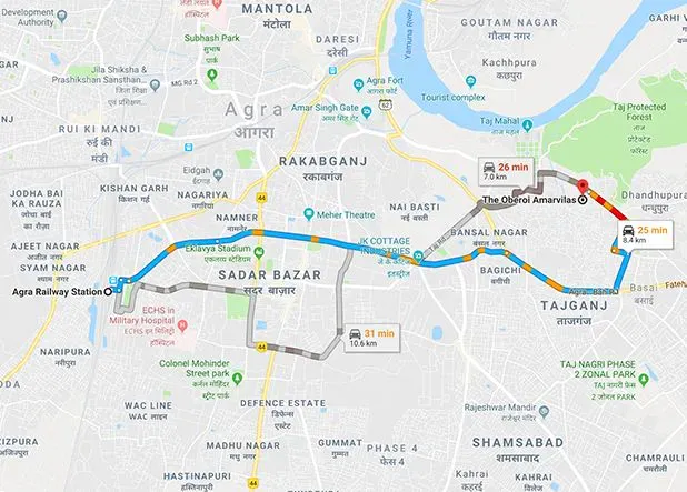 Map Agra Railway Station to The Oberoi Amarvilas Agra
