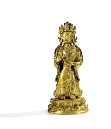 A gilt bronze sculpture titled White Tara, the goddess of long life from the Qing dynasty, on display at the Rubin Museum of Art, Washington DC, the US