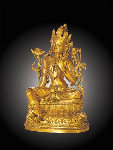 A rare and superbly cast gilt-bronze figure of avalokiteshvara, China, Ming dynasty, Yongle six-character mark inscribed in a line and of the period (1403-1425). Courtesy, Christie’s.