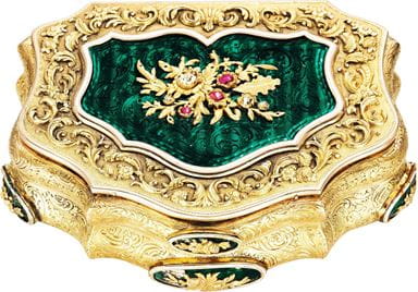 A German jewelled and enamelled  gold snuff box, 1860, courtesy  Christie’s