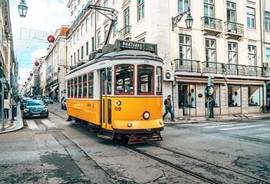 Vintage tram in the city center of Lisbon