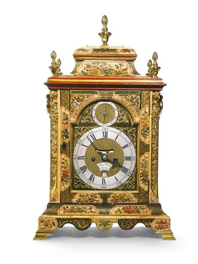 A George II cream japanned quarter repeating table clock by Francis Wells, London, dated 1760. Courtesy, Sotheby’s