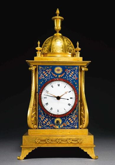 A George III ormolu and enamel quarter striking musical table clock for the Chinese market by John Mottram from, London. Courtesy, Sotheby’s