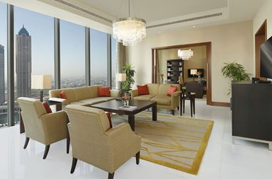 Bedroom of the Presidential Suite of The Oberoi, Dubai, with the magnificent view of Burj Khalifa