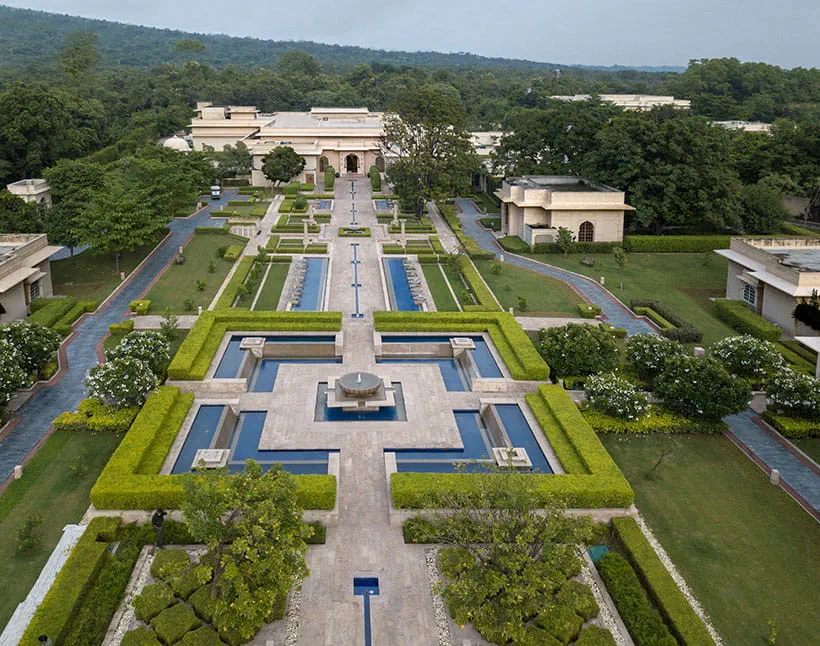 Aerial view of The Oberoi Sukhvilas resort gardens and pathways