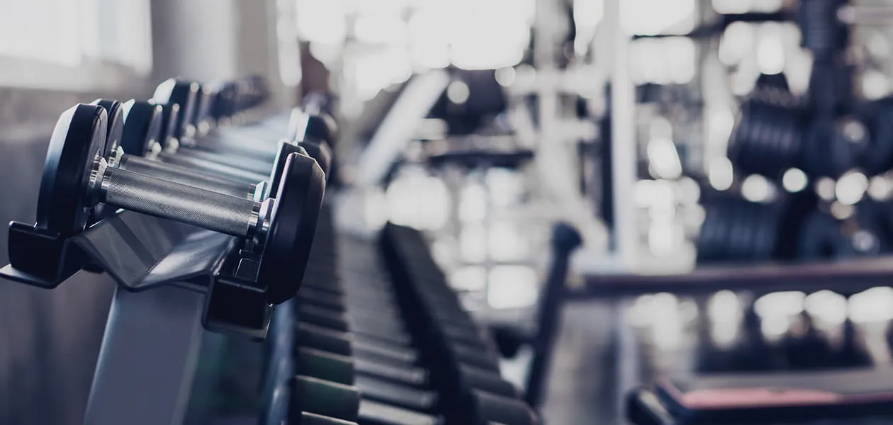 Dumbbells on rack in gym at The Oberoi Sukhvilas Resort