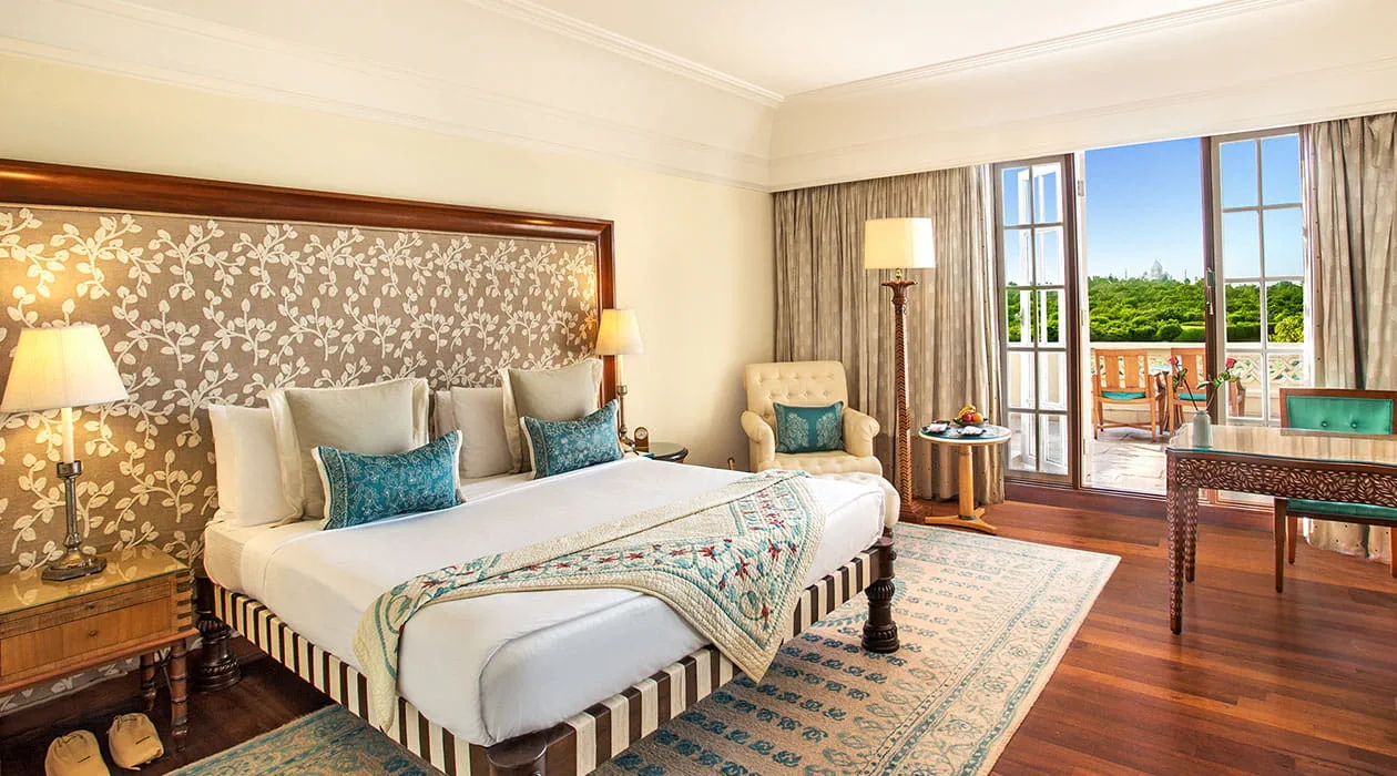 Premier Room with private balcony and Taj Mahal views at The Oberoi Amarvilas, Agra.
