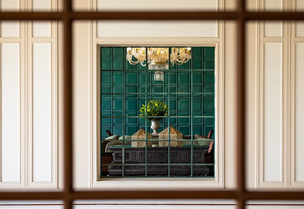 Traditional interiors with intricate design details at The Oberoi Amarvilas, a luxury resort in Agra.