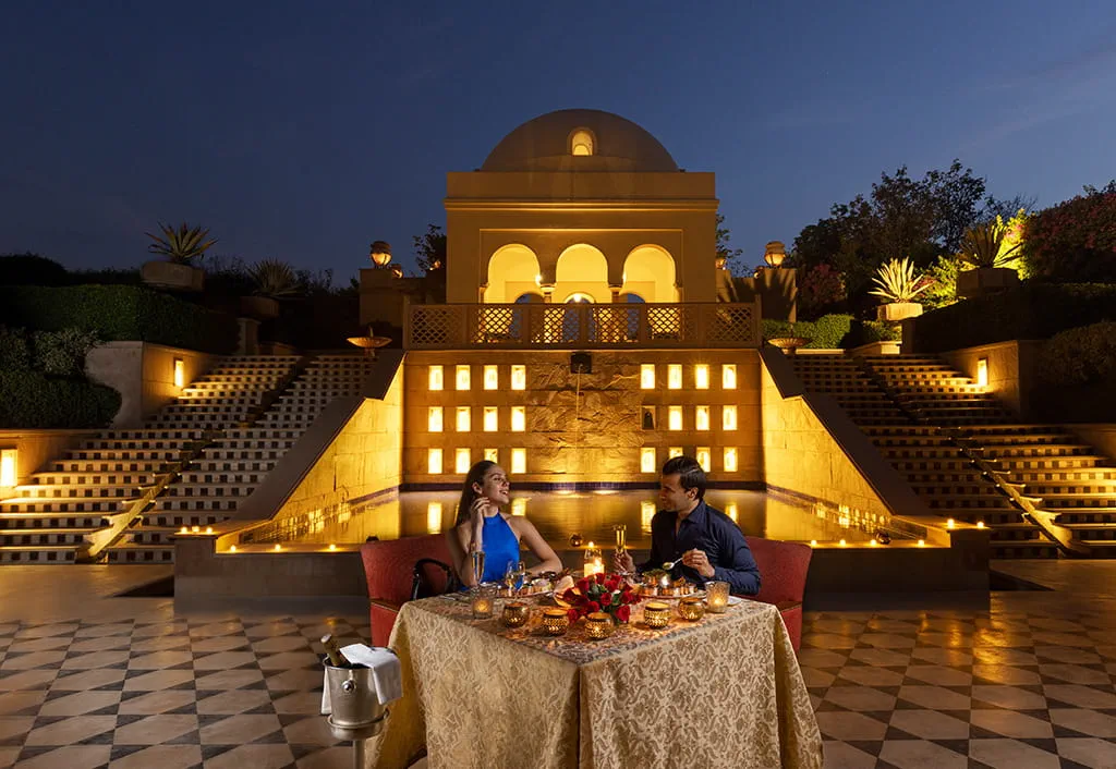 Private dining under the stars at The Oberoi Amarvilas, a luxury resort in Agra.