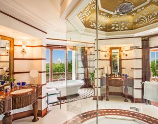 Elegant marble bathroom in the Luxury Suite at The Oberoi Amarvilas, Agra featuring double vanity