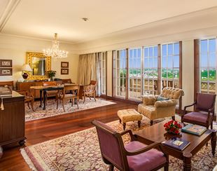 Bright and airy living space in the Luxury Suite at The Oberoi Amarvilas, Agra, designed for refined comfort.