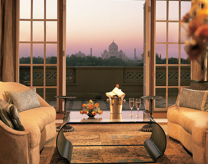 Charming corridor view at The Oberoi Amarvilas, Agra, blending Mughal design with luxury aesthetics.