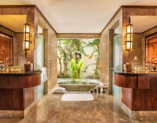 Garden view villa bathroom interior at Oberoi Beach Resort in Lombok