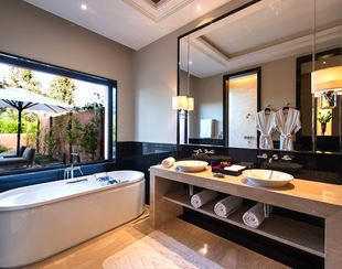 Modern marble bathroom in deluxe villa, Oberoi Marrakech