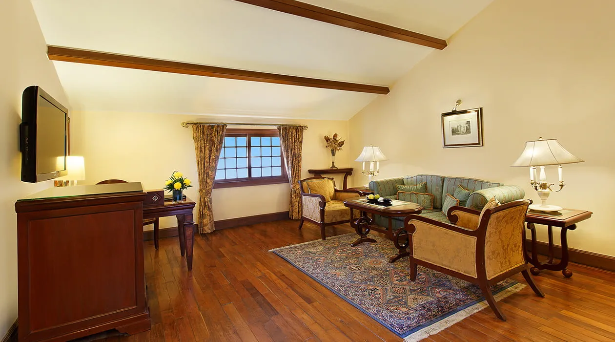 Elegant living room with vintage furniture in luxury hotel, Shimla