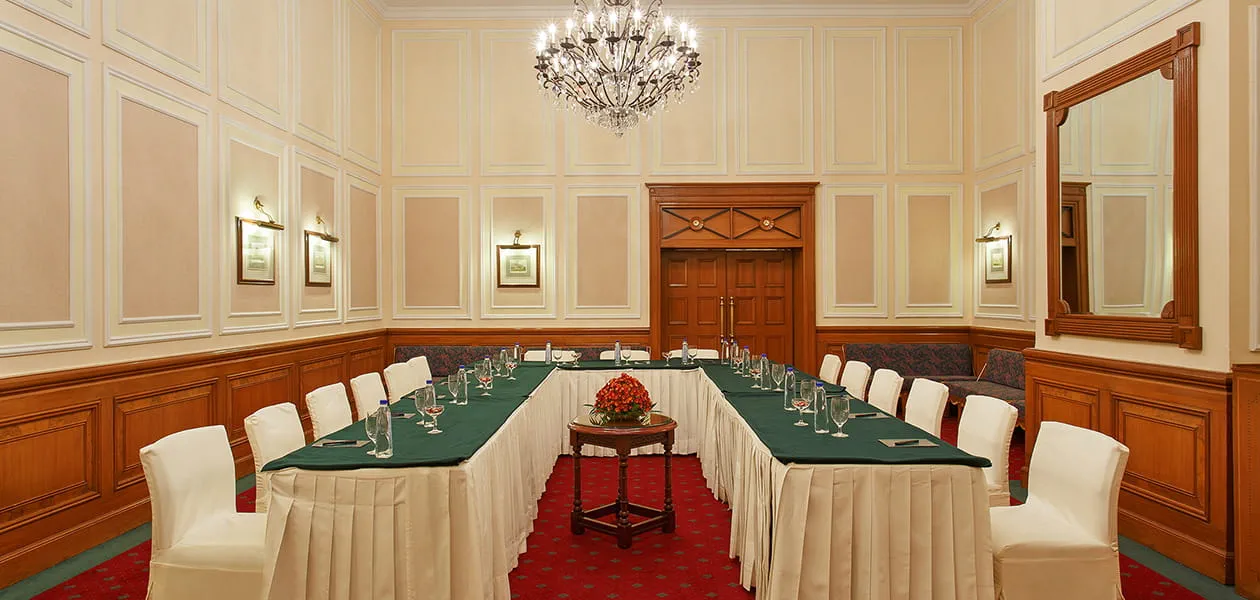 Elegant meeting room with chandeliers at The Oberoi Cecil, Shimla hotel