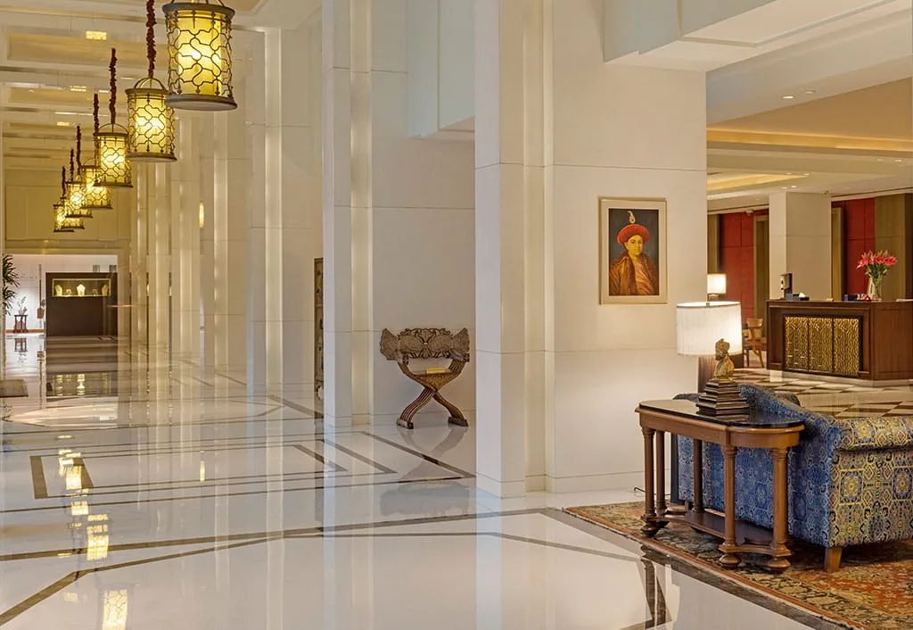 Elegant hotel lobby with plush seating at The Oberoi New Delhi