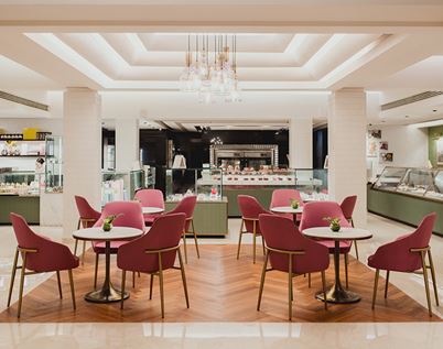 Fresh desserts on display at The Oberoi New Delhi patisserie.