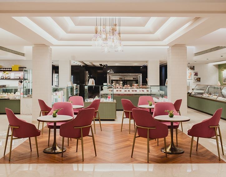 Fresh desserts on display at The Oberoi New Delhi patisserie.