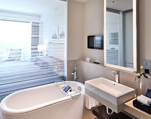 Luxurious bathroom with tub in The Oberoi New Delhi, 5-star hotel