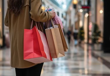 A person holds shopping bags in a modern mall walkway