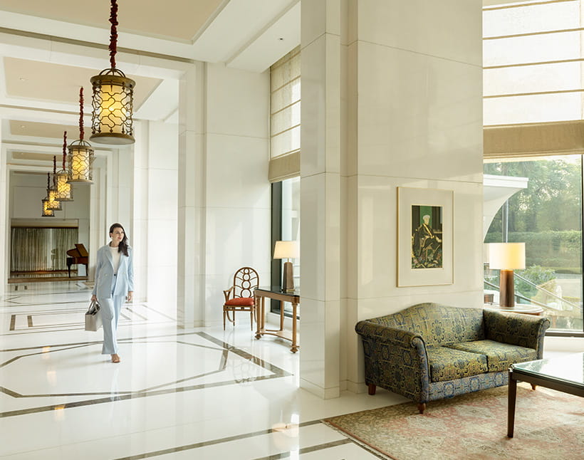Interior view from gallery at The Oberoi New Delhi, 5 star hotel.