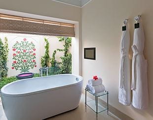 Bathtub in luxury bathroom at 5-star Oberoi Sukhvilas, Siswan Forest Resort New Chandigarh