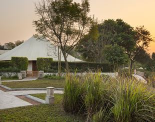 Luxury tent at The Oberoi Sukhvilas, Siswan Forest, surrounded by greenery