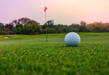 Golf ball on course at sunset near Oberoi Sukhvilas Resort