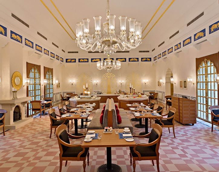 Elegant dining room at The Oberoi Sukhvilas, Siswan Forest Resort, 5-star
