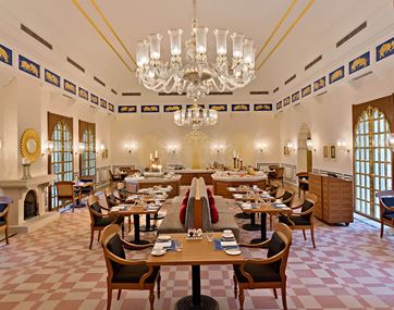 Elegant dining room at The Oberoi Sukhvilas, Siswan Forest Resort, 5-star