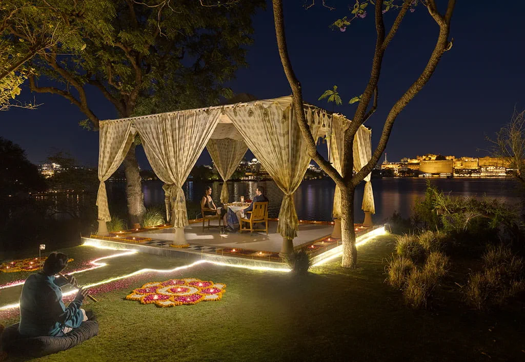 Romantic lakeside dinner at The Oberoi Udaivilas, Udaipur – luxury hotel experience by Lake Pichola.