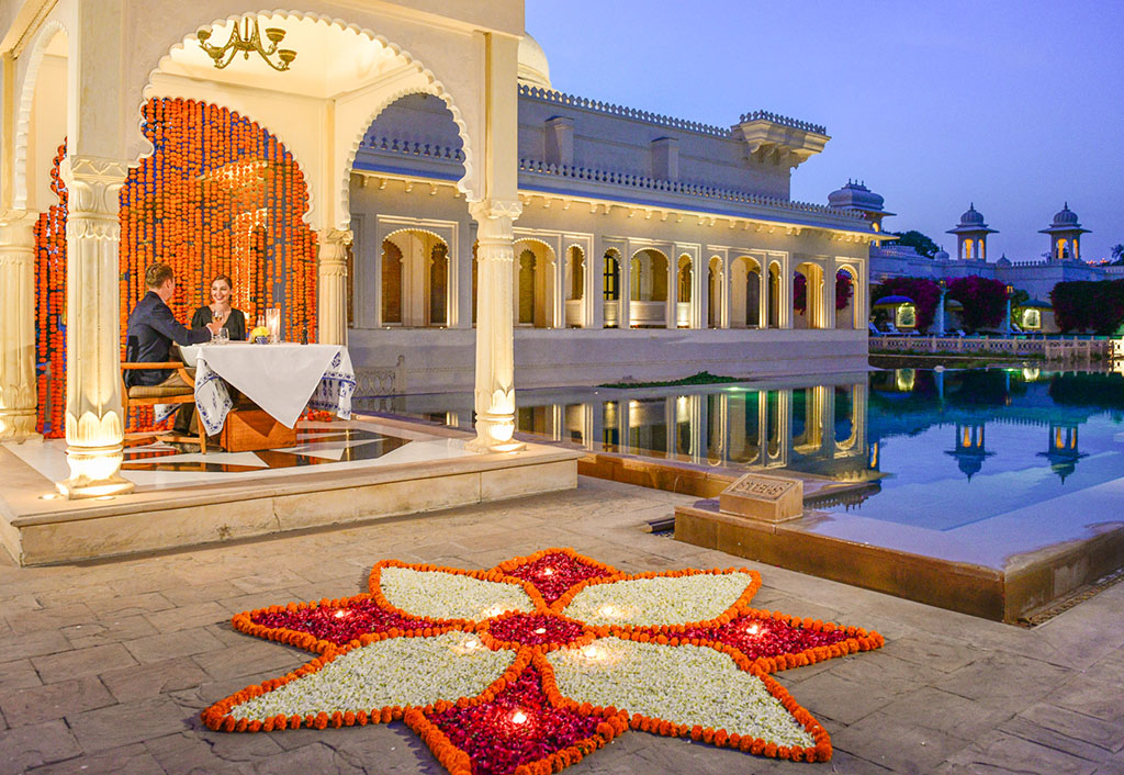 Elegant interiors of premier room with pool view at The Oberoi Udaivilas, Udaipur – luxury resort stay.
