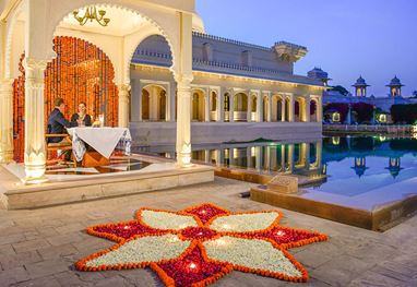 Elegant interiors of premier room with pool view at The Oberoi Udaivilas, Udaipur – luxury resort stay.