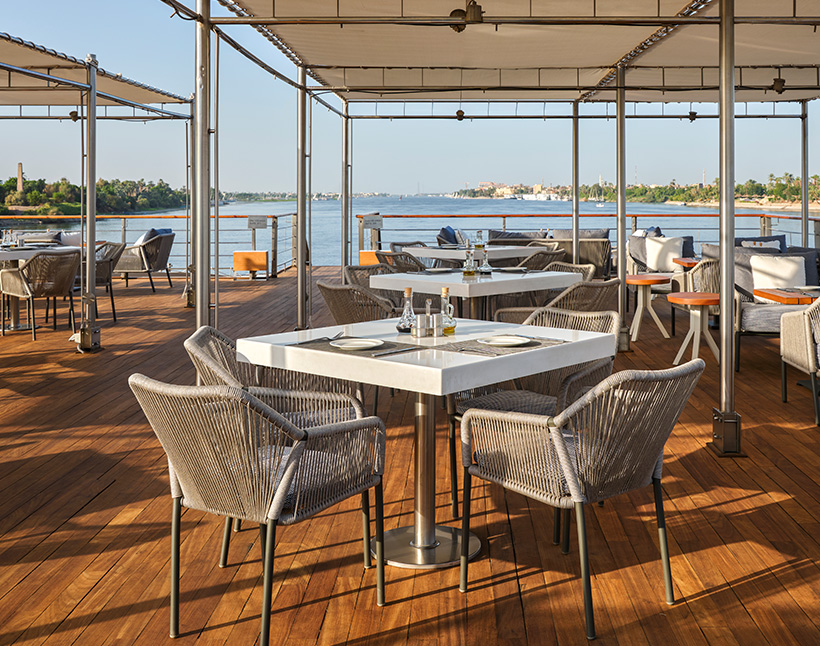 Lounge deck with evening lighting on Oberoi Zahra Nile Cruise