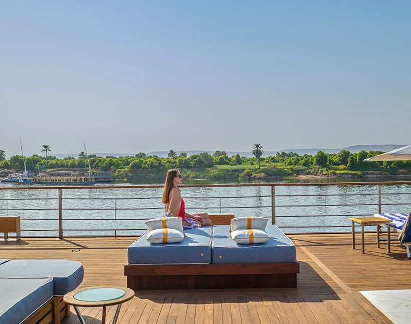 Sun loungers on deck of Oberoi Zahra Nile Cruise
