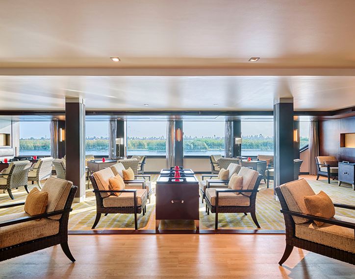 Elegant dining lounge onboard The Oberoi Zahra Nile Cruise