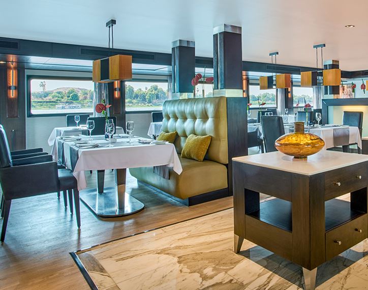 Restaurant with panoramic river view, Oberoi Zahra Nile Cruise