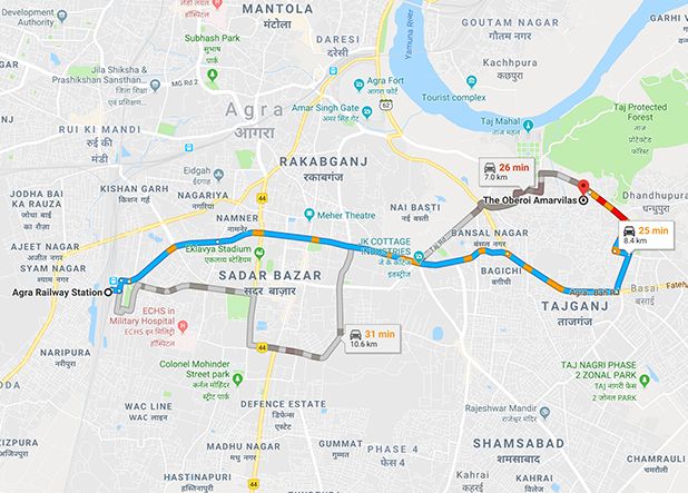 Map Agra Railway Station to The Oberoi Amarvilas Agra