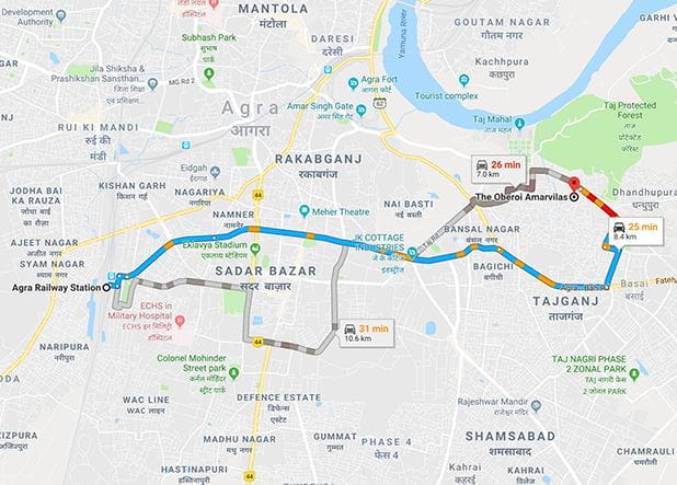 Map Agra Railway Station to The Oberoi Amarvilas Agra