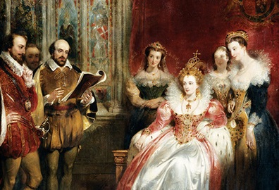 William reading one of his plays to Queen Elizabeth