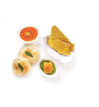 Farsan - an assortment of Gujarati savouries baobeli, dhokla ya akoda and khakhra with chilli garlic yogurt