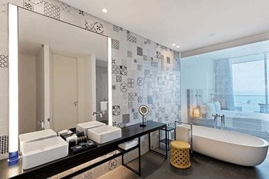 The masterfully designed bathroom in one of the Premiere Rooms at the resort