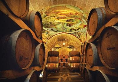 The barrel ageing cellar of Mastroberardino featuring hand-painted frescoes, Campania, Italy